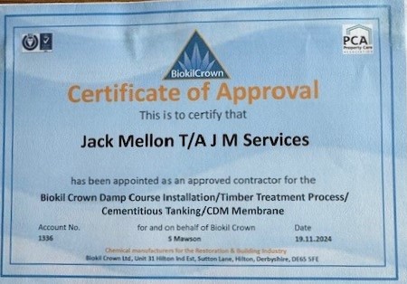 Certificate on damp course installation